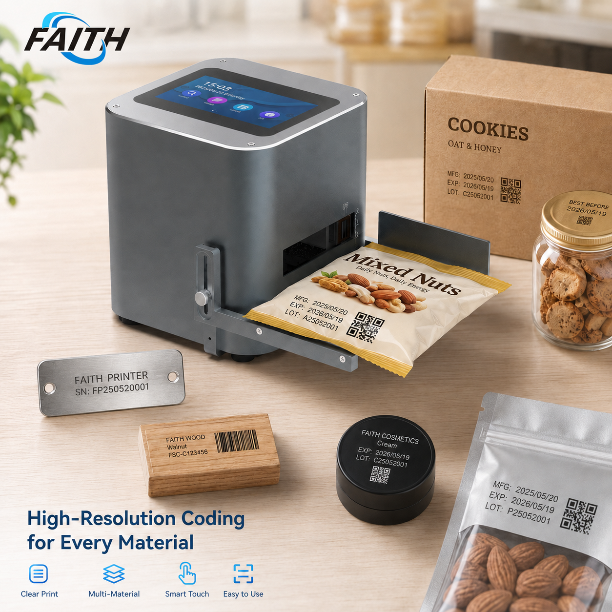 Faith 12.7mm Inkjet Desktop Label Printer Date Code Solvent Ink High-Speed Printing  On Plastic Bag Bottle Paper Box Metal Wood