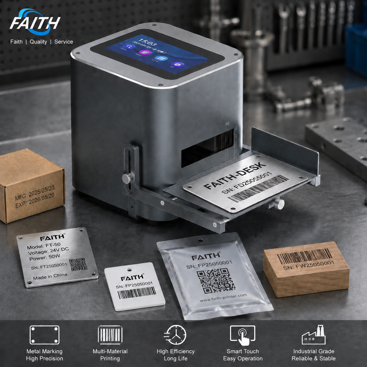 Faith 12.7mm Inkjet Desktop Label Printer Date Code Solvent Ink High-Speed Printing  On Plastic Bag Bottle Paper Box Metal Wood