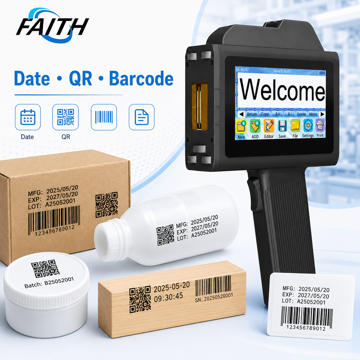 Faith Hot Selling Handheld Portable Inkjet Printer for 25.4mm Expiry Date TIJ Printing Machine